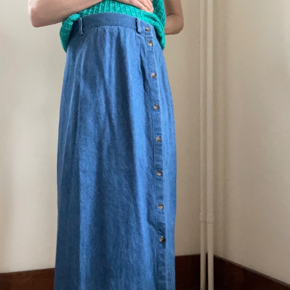 Vintage High Waisted Long Denim Skirt with Side Button Band - Picture 5 of 14